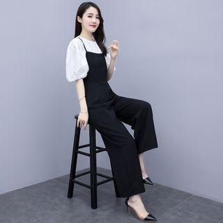 Set: Bubble Sleeve Plain Top + Spaghetti Strap Wide-leg Jumpsuit