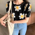 Short-sleeve Floral Knit Top Black - One Size