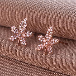 Rhinestone Leaf Stud Earring 1 Pair - Qr79 - Rose Gold - One Size