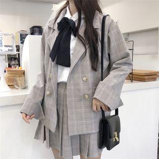 Plaid Double-breasted Blazer / Pleated Skirt / Bow Accent Shirt / Set