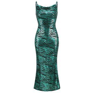 Spaghetti-strap Zebra Print Slit Midi Sheath Dress