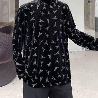 Long-sleeve Mock-neck Patterned Velvet T-shirt