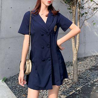 Short-sleeve Embroidered Double Breasted A-line Mini Dress