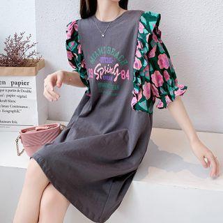 Short-sleeve Flower Print Lettering T-shirt Dress