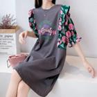 Short-sleeve Flower Print Lettering T-shirt Dress
