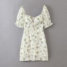 Short-sleeve Scoop-neck Floral Mesh Mini A-line Dress