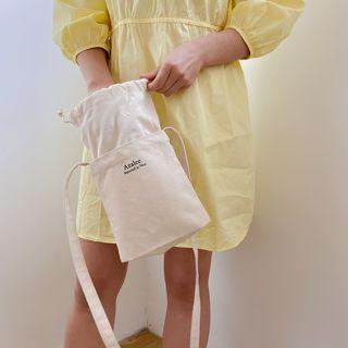 Lettering Canvas Drawstring Bucket Bag Beige - One Size