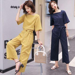 Short Sleeve Tie-waist Jumpsuit