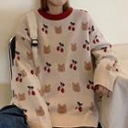 Round Neck Cartoon Bear Print Sweater Yes723 - Almond - One Size