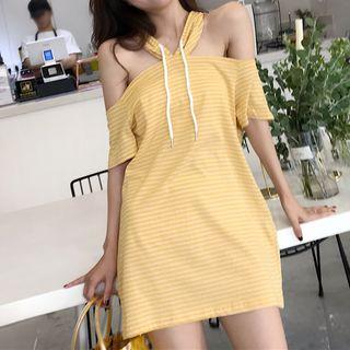 Striped Short-sleeve Cold-shoulder Hooded Dress