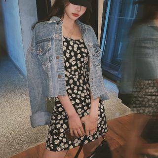 Floral Print Mini Skirt / Long-sleeve / Spaghetti Strap A-line Dress