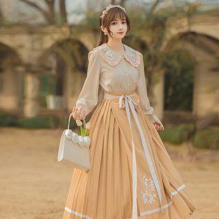 Set: Embroidered Blouse + Pleated Midi A-line Skirt