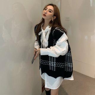 Long-sleeve Tie-neck Blouse / Plaid Sweater Vest