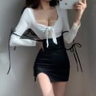 Long-sleeve Bow Top / High-waist Mini Skirt