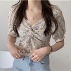 Short-sleeve Floral Print Blouse Yellow & Gray - One Size