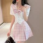 Set: Short-sleeve Plaid Collar Shirt + Pleated A-line Skirt