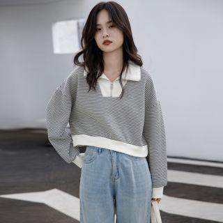Collared Half-zip Striped Cropped Sweatshirt Stripes - Black & White - One Size