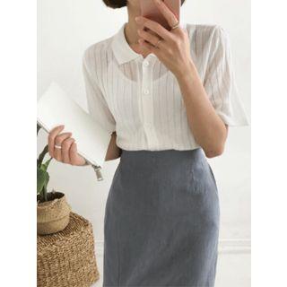 Collared Short-sleeve Ribbed Cardigan