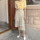 Diagonal-ruffled Floral Long Skirt