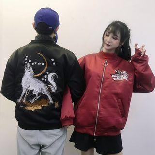 Wolf Embroidered Bomber Jacket