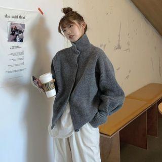 Long Sleeve Mock Neck Plain Knit Cardigan