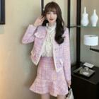Set: Single-breasted Tweed Jacket + Ruffle Hem Mini Pencil Skirt