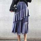 Ruffled Velvet Panel Midi Tiered Mesh Skirt