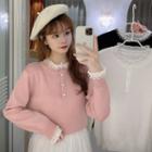 Long-sleeve Faux Pearl Frill Trim Knit Top