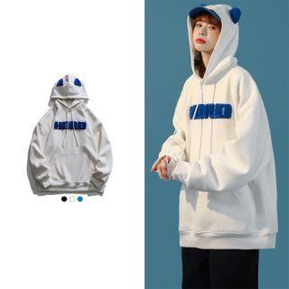 Ear Accent Lettering Fleece Hoodie