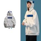 Ear Accent Lettering Fleece Hoodie