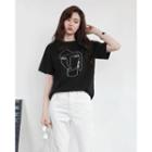 Short-sleeve Face Embroidered T-shirt
