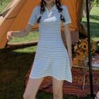 Short-sleeve Polo-neck Knit Mini Sheath Dress White - One Size