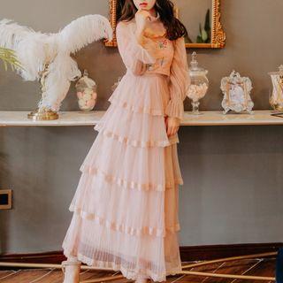 Set: Spaghetti Strap Top + 3/4-sleeve Tiered Midi Dress