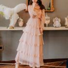 Set: Spaghetti Strap Top + 3/4-sleeve Tiered Midi Dress
