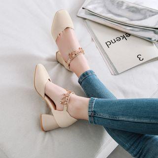 Faux Leather Rhinestone Drop Ankle Strap Block Heel Pumps