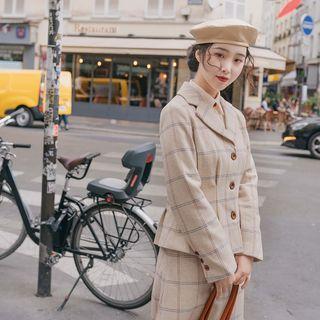 Single-breasted Plaid Woolen Blazer / Midi A-line Skirt