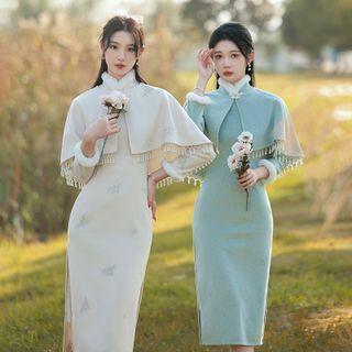 Set: Long-sleeve Embroidered Midi Qipao + Fringed Shawl