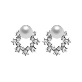 925 Sterling Silver Faux Pearl Rhinestone Hoop Earring 1 Pair - As Shown In Figure - One Size