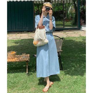 Short-sleeve Washed Denim Midi Shirt Dress Blue - One Size