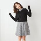 Set: Plain Sweater + Gingham Sleeveless A-line Shirt Dress Sweater - Black - One Size / Shirt Dress - Gingham - Black - One Size