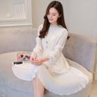 Long-sleeve Lace Pleated Chiffon Dress