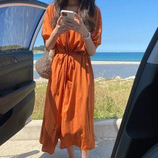 Tie-waist Elbow-sleeve Midi A-line Shirtdress