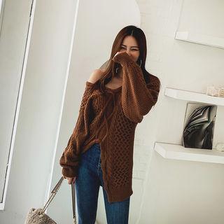 V-neck Deep-slit Cable-knit Top