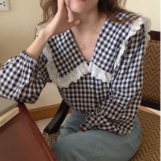 Collared Eyelet Trim Gingham Blouse