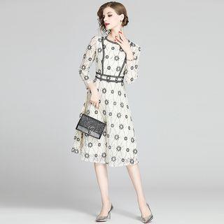 Flower Print Long-sleeve A-line Lace Dress