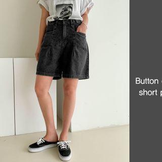 Black Wash Wide Denim Shorts Black - One Size