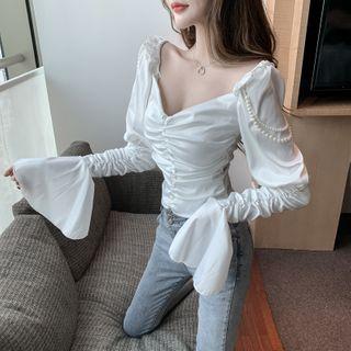 Faux Pearl Flared-sleeve Blouse