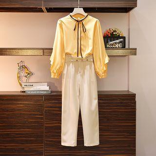 Long-sleeve Tie-neck Blouse / Harem Dress Pants / Set