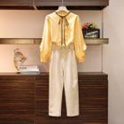 Long-sleeve Tie-neck Blouse / Harem Dress Pants / Set