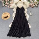 Suspender V-neck Plain Drawstring Lace Dress